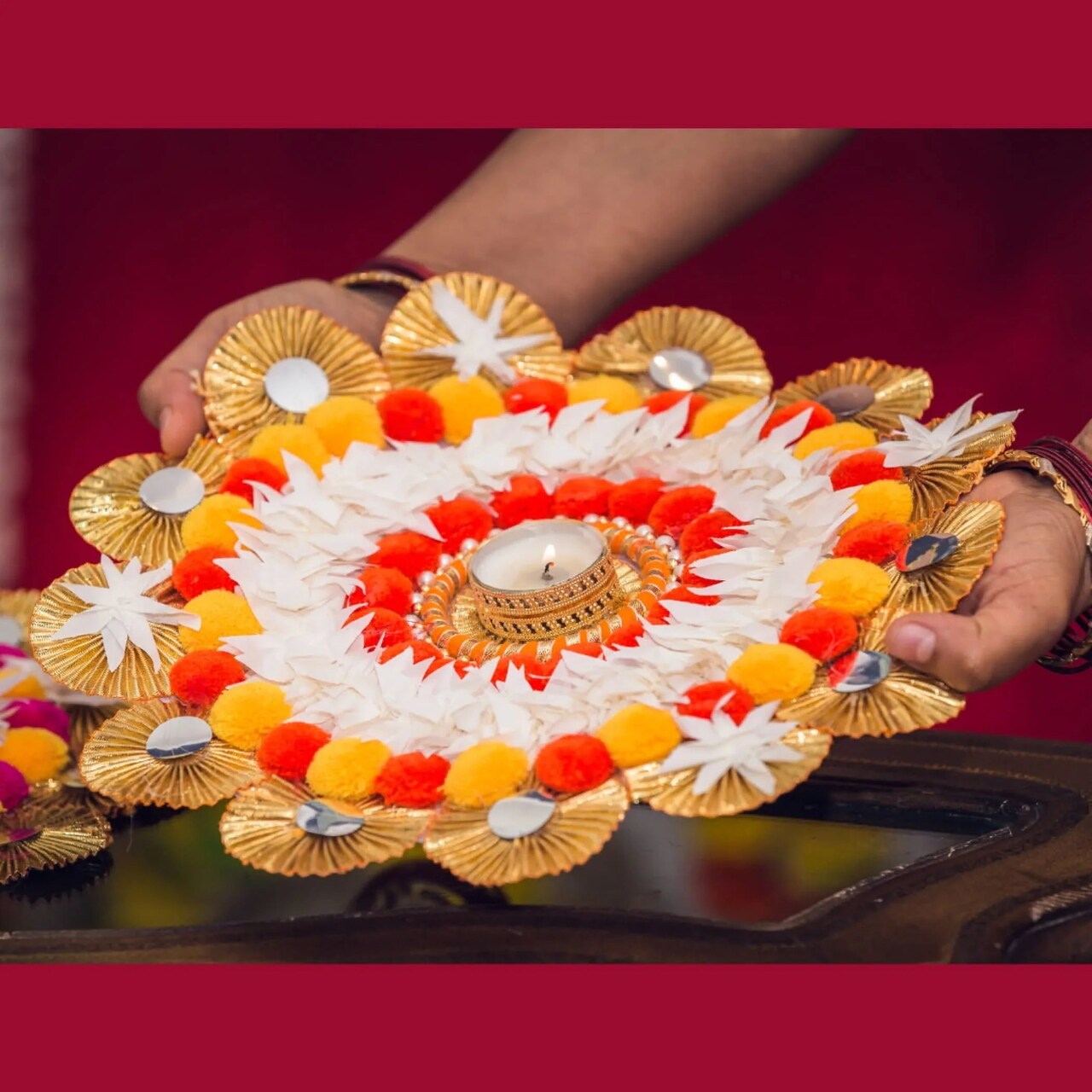 Rangoli Mat Candle Holders Festival of Light Decorative T-light Candle Stand for Diwali Christmas Thanksgiving Hanukkah Gift Pompom Rangoli for Centerpiece Dining Table Home Decor